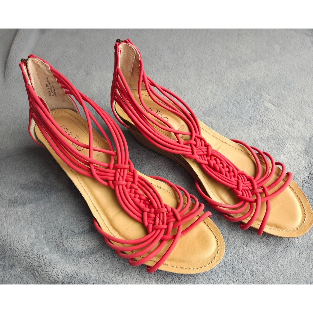 Me Too Womens Tanya Strappy Wedge Sandals 9.5M Pink Red Braided Zip Back Boho